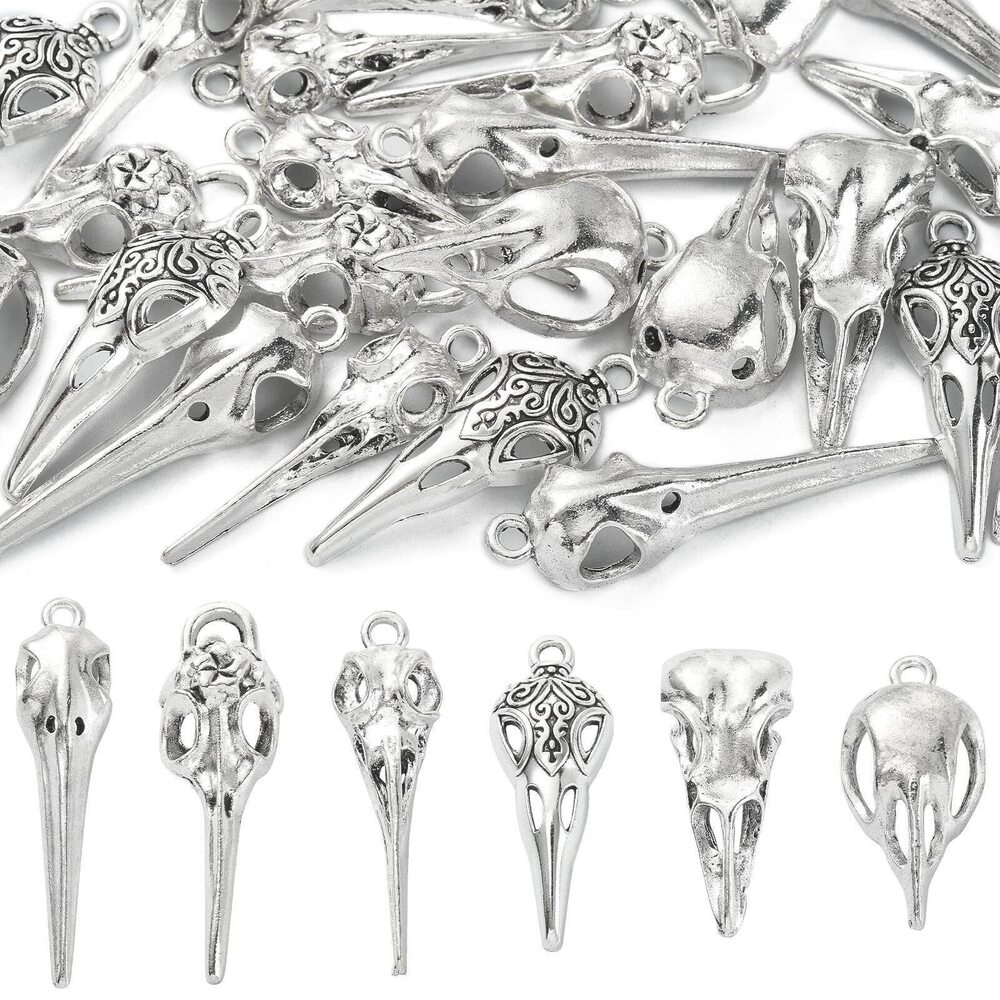 6136 30 Pcs 6 Styles Antique Style Raven Skull Charms Halloween Bird Head